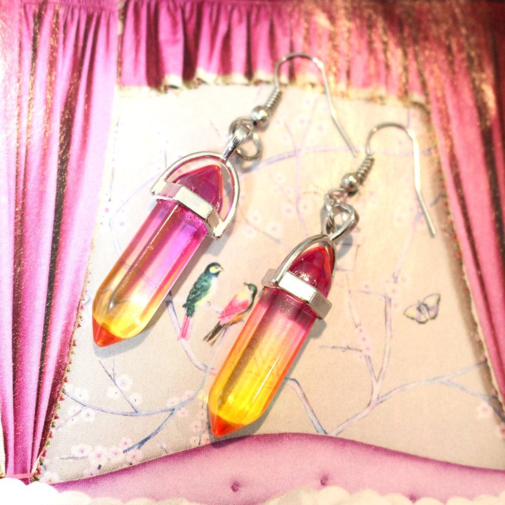 Rainbow Ombre Crystal Hexagon Gemstone Natural Earrings